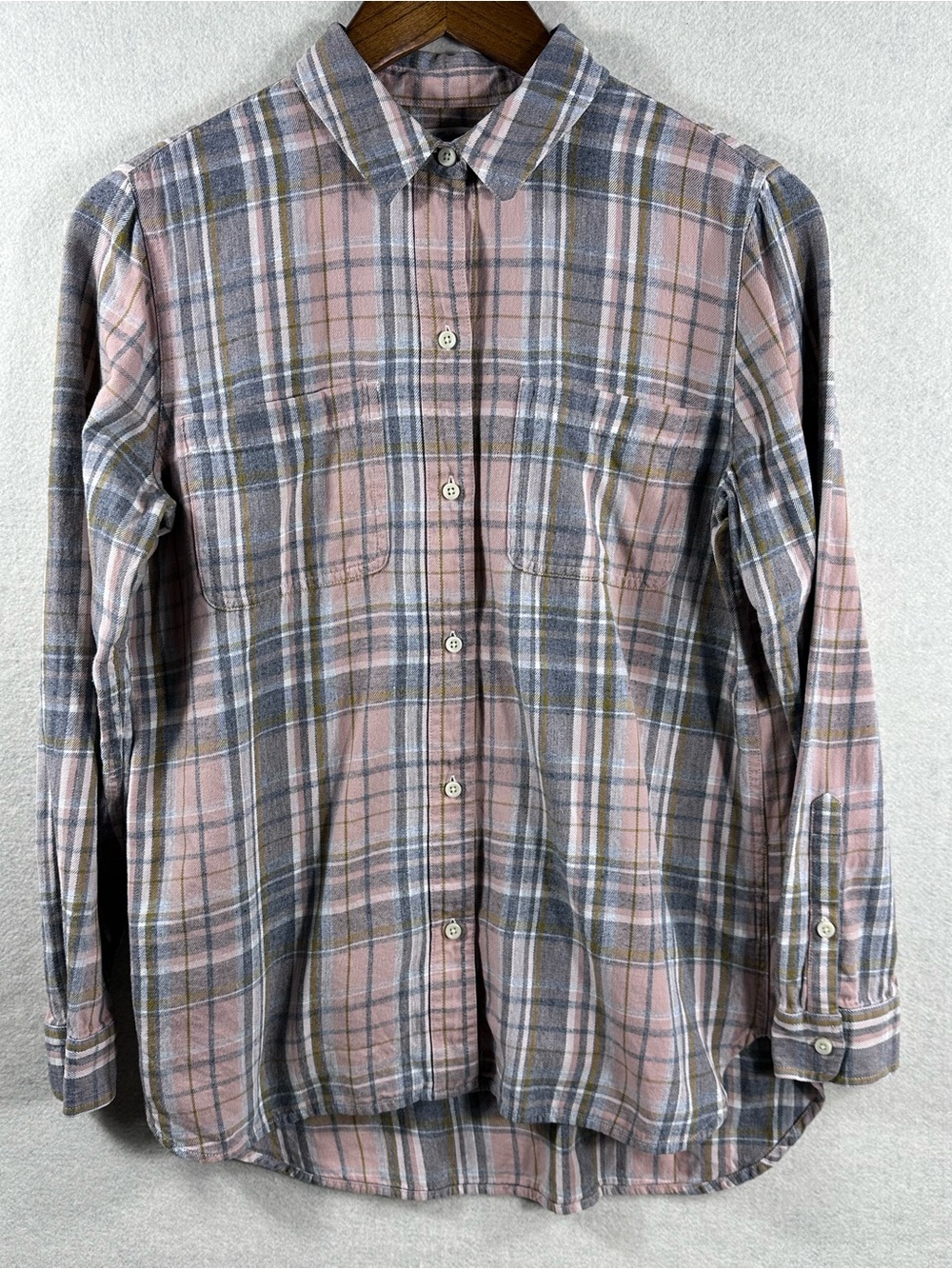 Madewell 1937 Pink Gray Plaid 100% Cotton Flannel Button Shirt Small